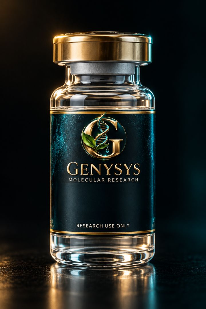 GENYSYS clear glass vial with a gold cap and a black, teal and gold branded label; packaging concept